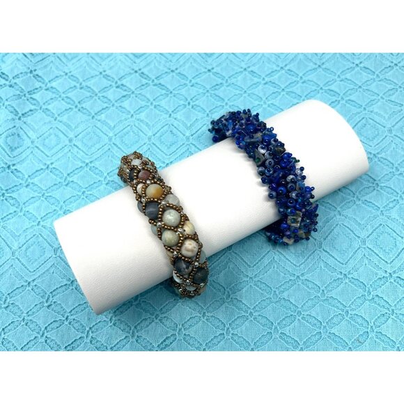 2 Handcrafted Vintage Beaded‎ Bracelets From The 1990s In Blue & Earth Tones - Picture 1 of 10